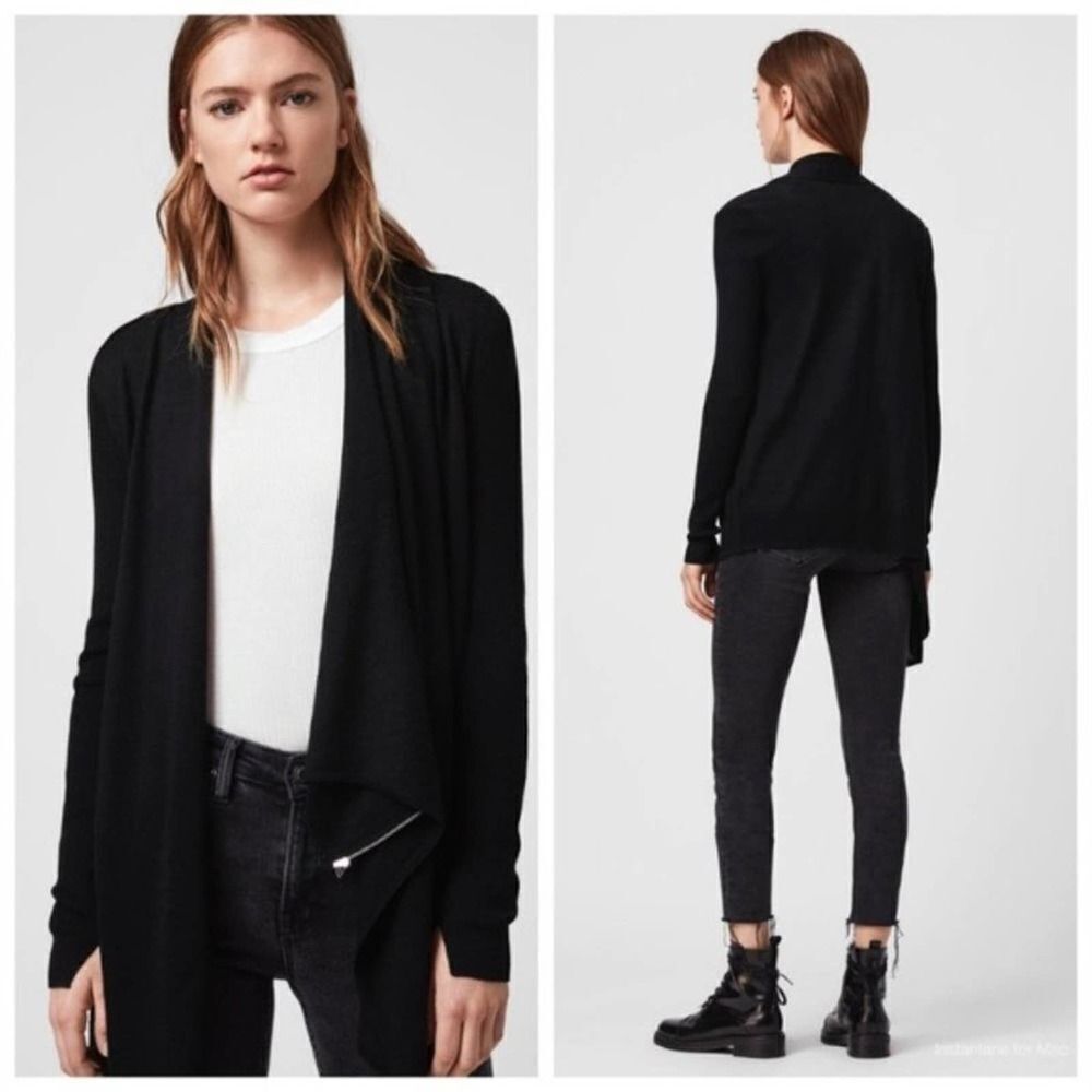 All Saints Drina Draped 100% Wool Knit Asymmetrical Zip Cardigan Sweater Size 0